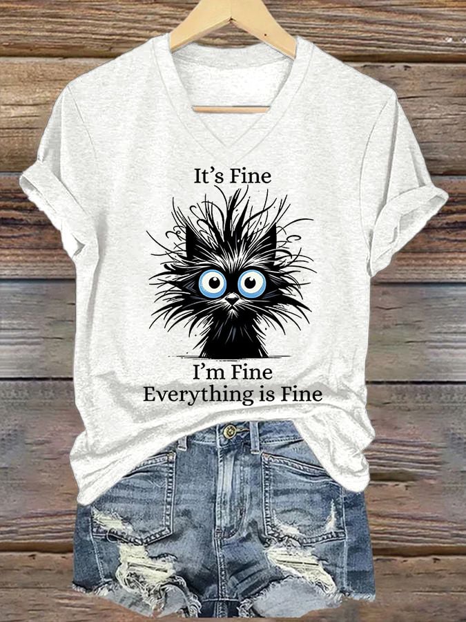 Women'S It'S Fine I'M Fine Everything Is Fine Print Casual T-Shirt