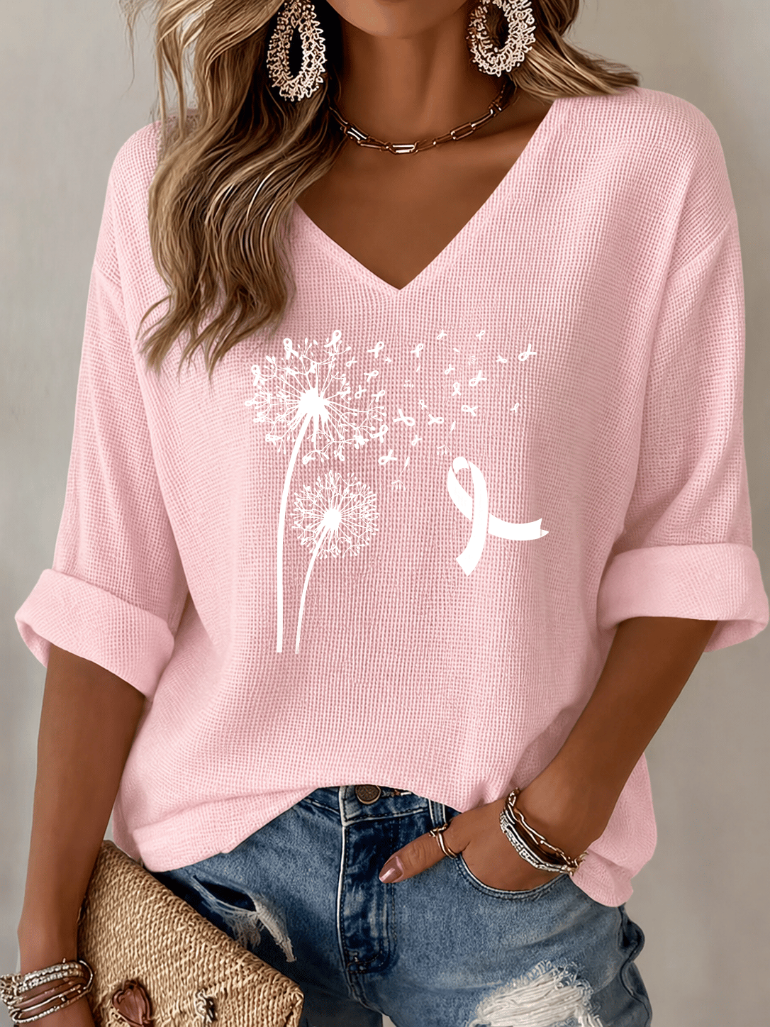 V-Neck The Power of Pink Print T-shirt