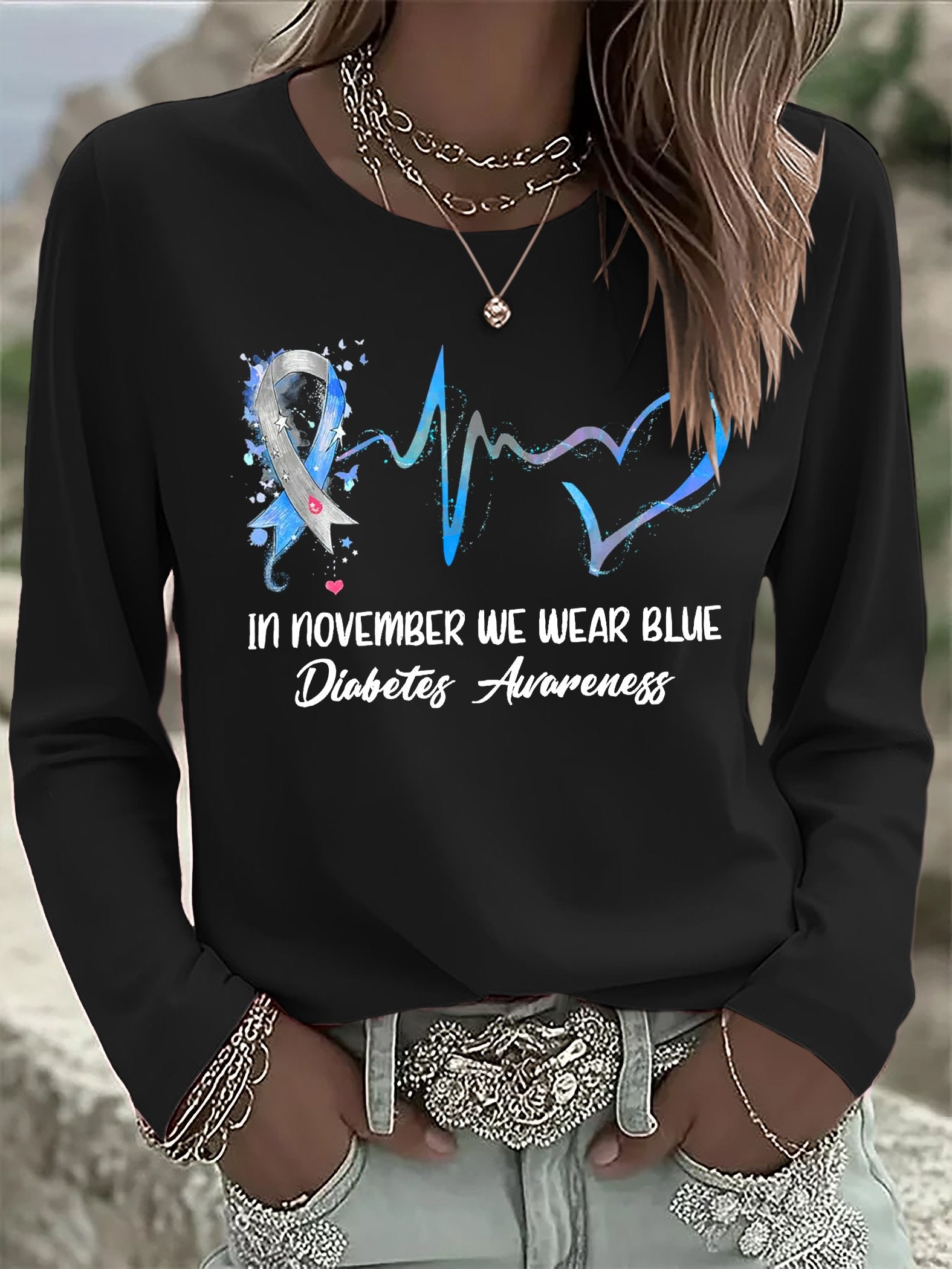 Women's Retro In November We Wear Blue Diabetes Awareness Print T-shirt