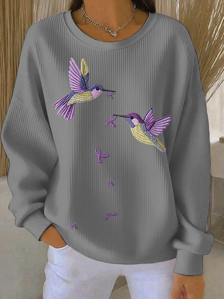 Women's Alzheimer's Awareness Art Hummingbird Purple Ribbon Print Sweatshirt