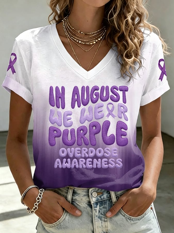 Women's In August We Wear Purple Overdose Awareness Print V Neck T-shirt