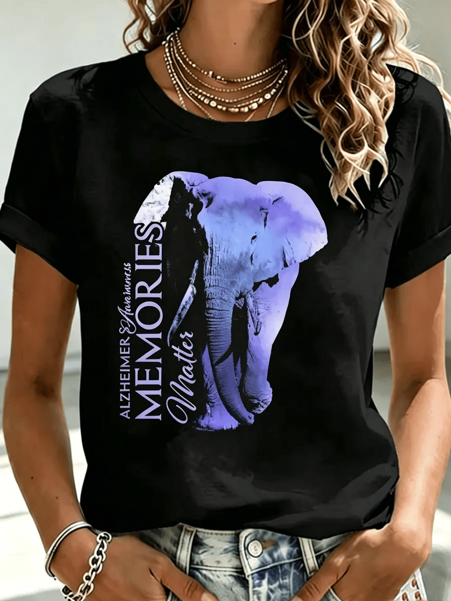 Ladies Elephant Awareness-Alzheimer’S Matter Printed Crew Neck T-Shirt