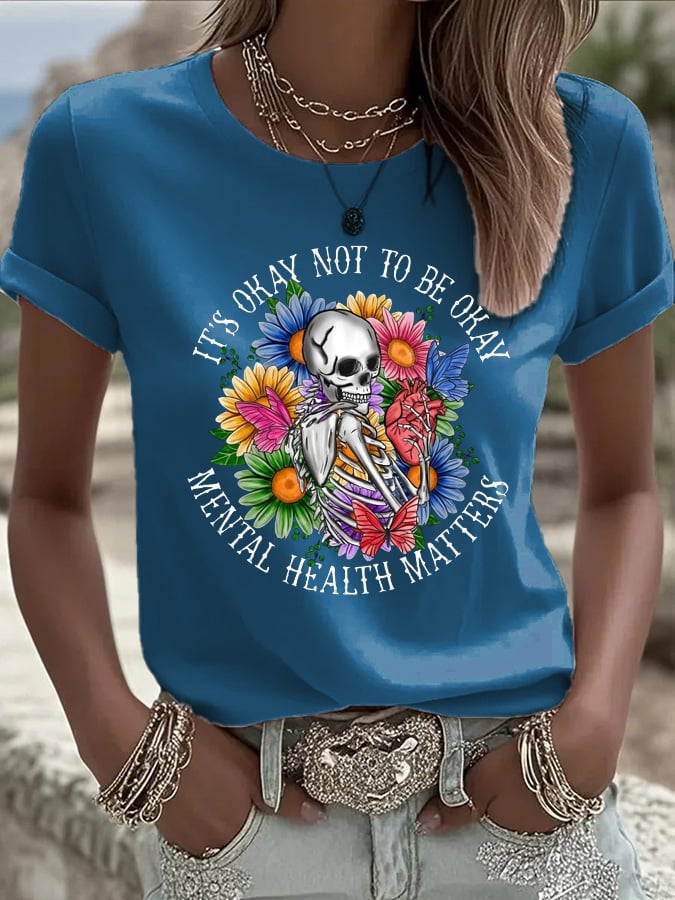 Women's Mental Health Gothic Flower Skull Print Casual T-shirt