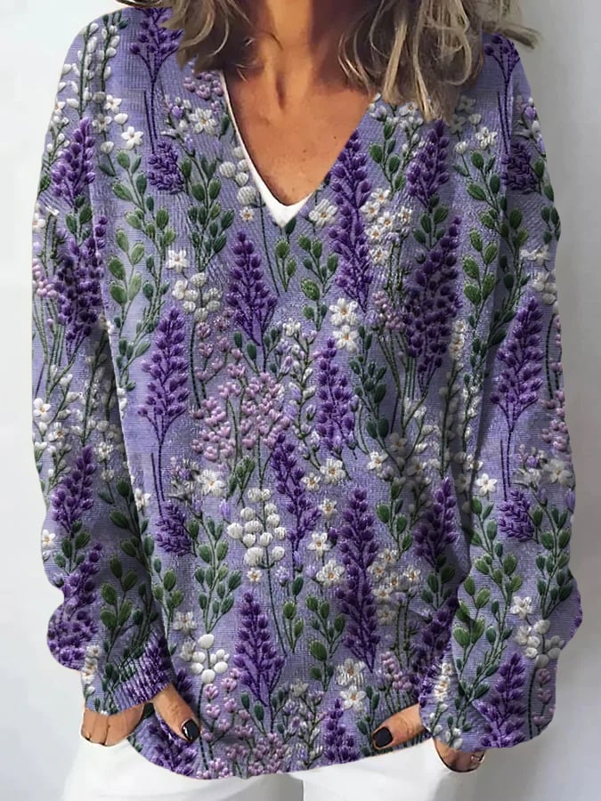 Women'S Purple Lavender Embroidery Print Casual Long Sleeve Sweater