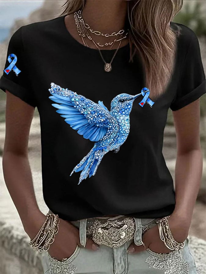 Women's Diabetes Awareness Hummingbird Ribbon Print Casual T-Shirt