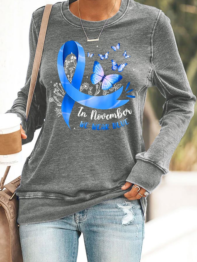 Women's Retro In November We Wear Blue Diabetes Awareness Print Round Neck Sweatshirt