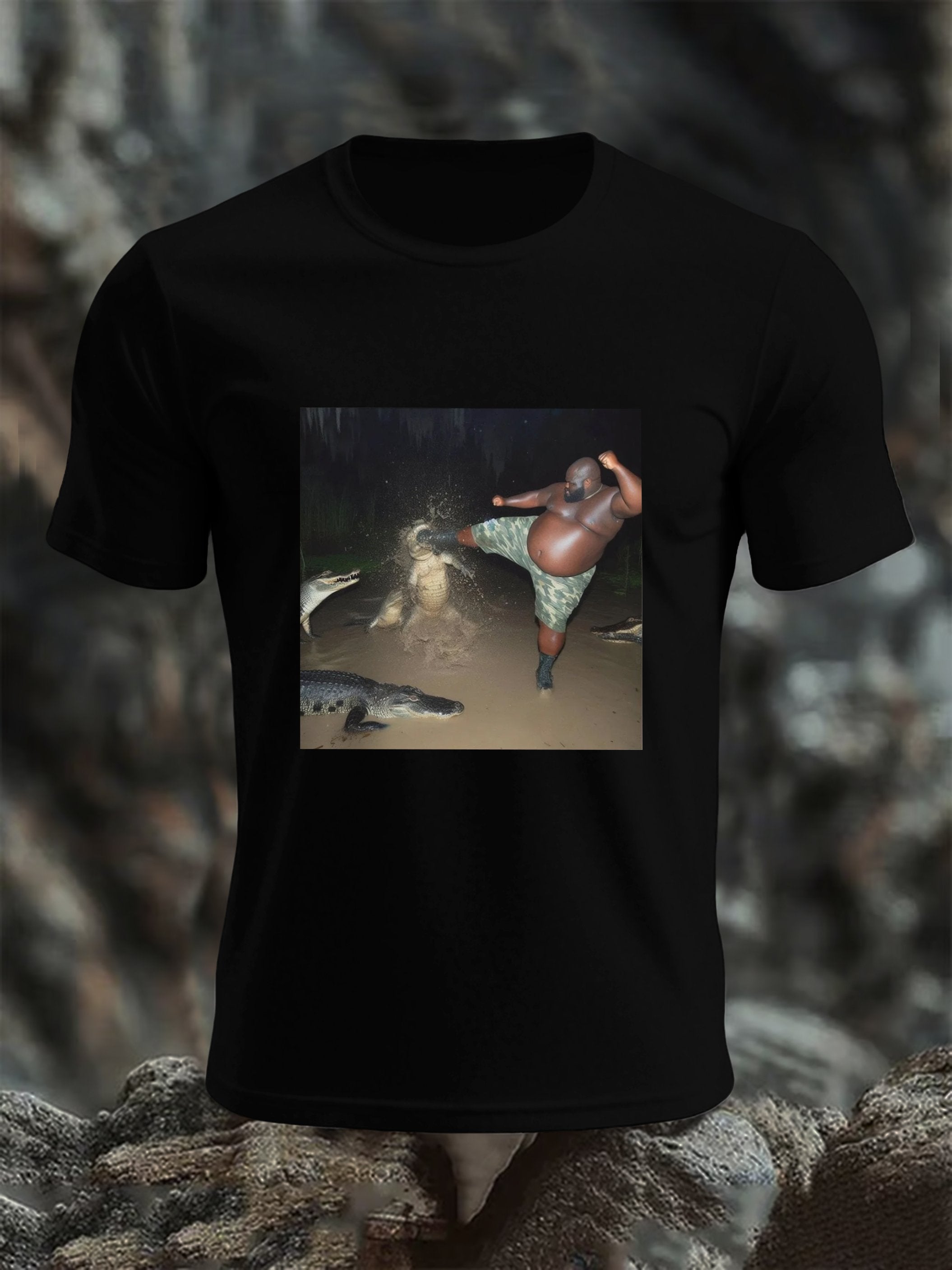 Men's humor, mental health, man kicking alligator in swamp pool, funny top
