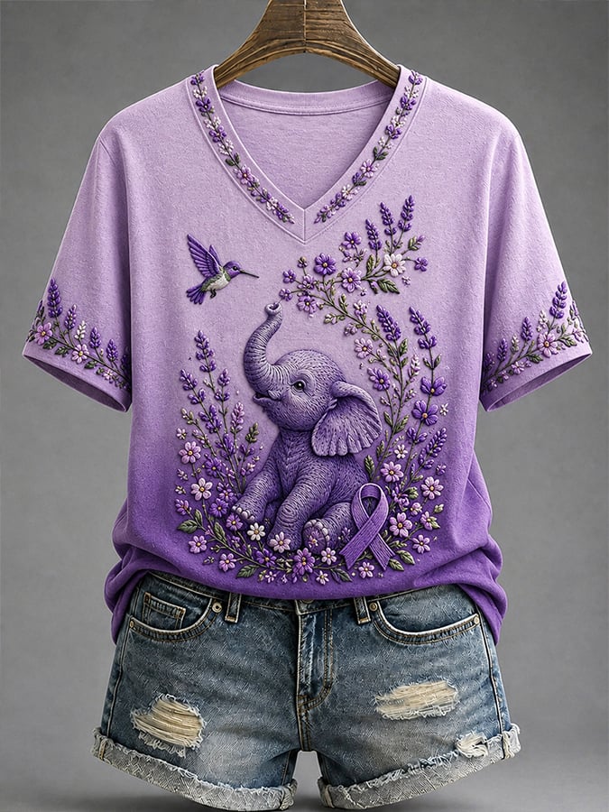 Women's Retro Alzheimer's Disease Hummingbird And Floral Print Comfortable T-Shirt