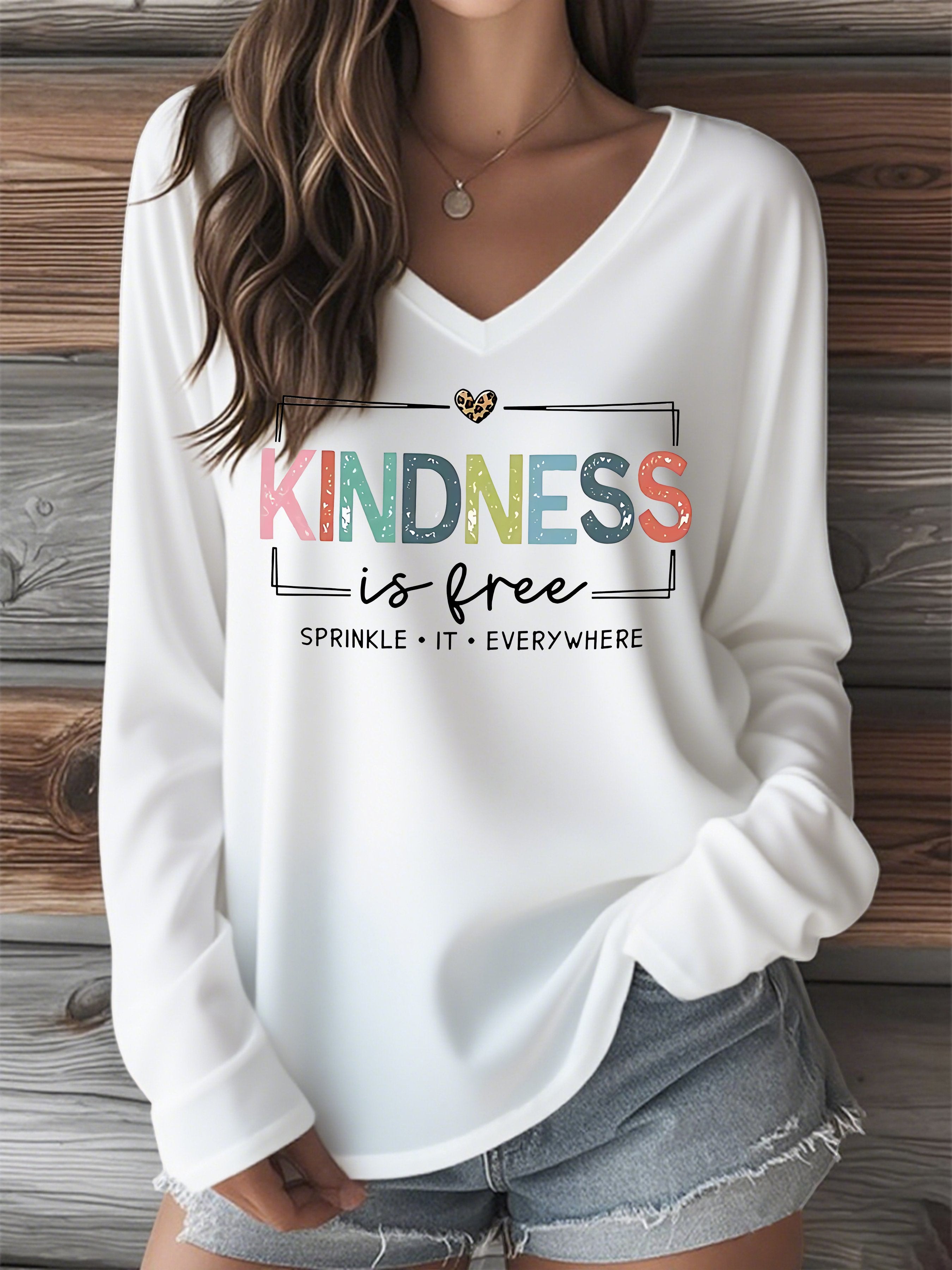 Women's Kindness Print V-Neck Long Sleeve T-Shirt
