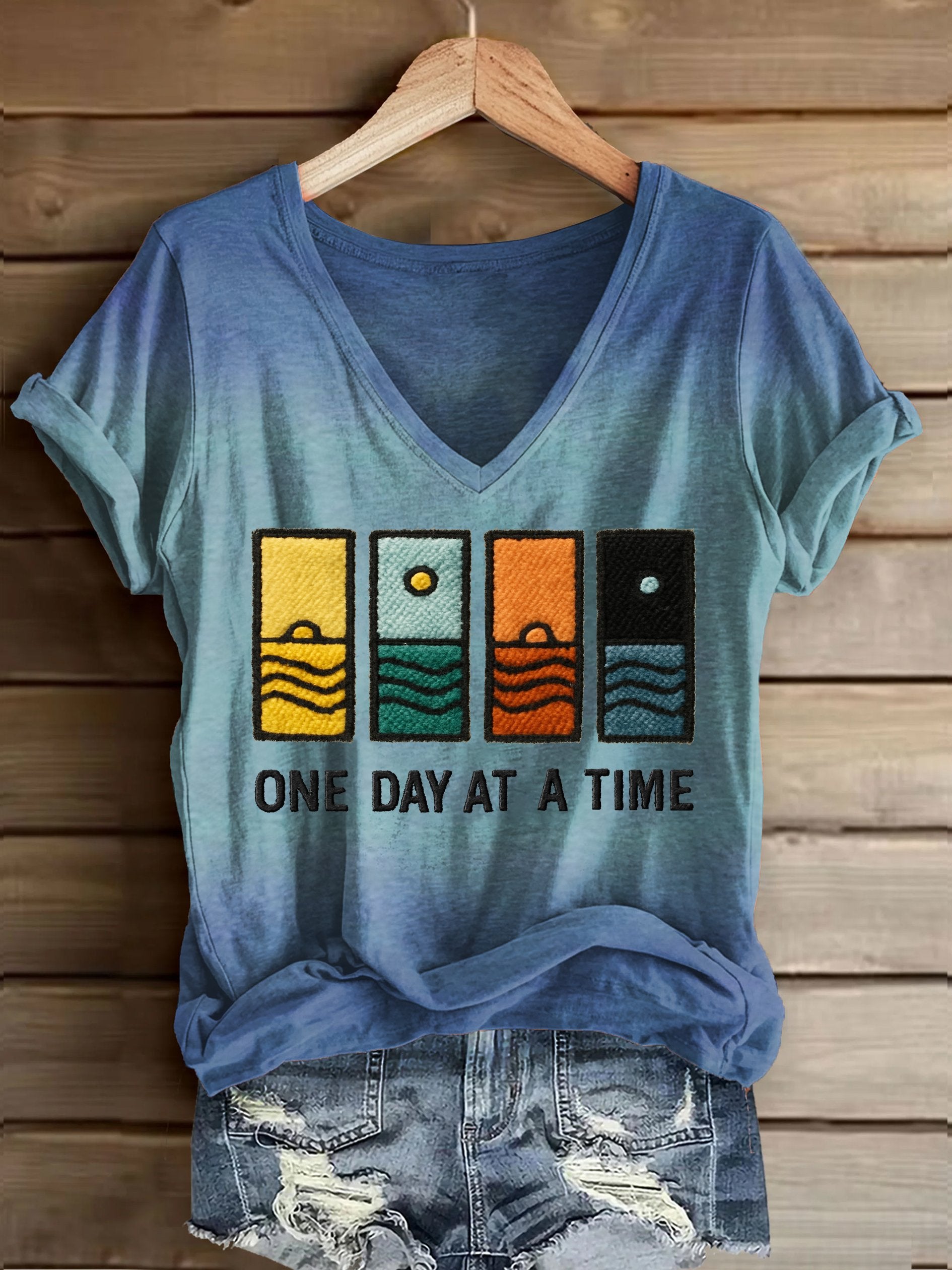 Women's Retro One Day At A Time Printed Casual T-Shirt
