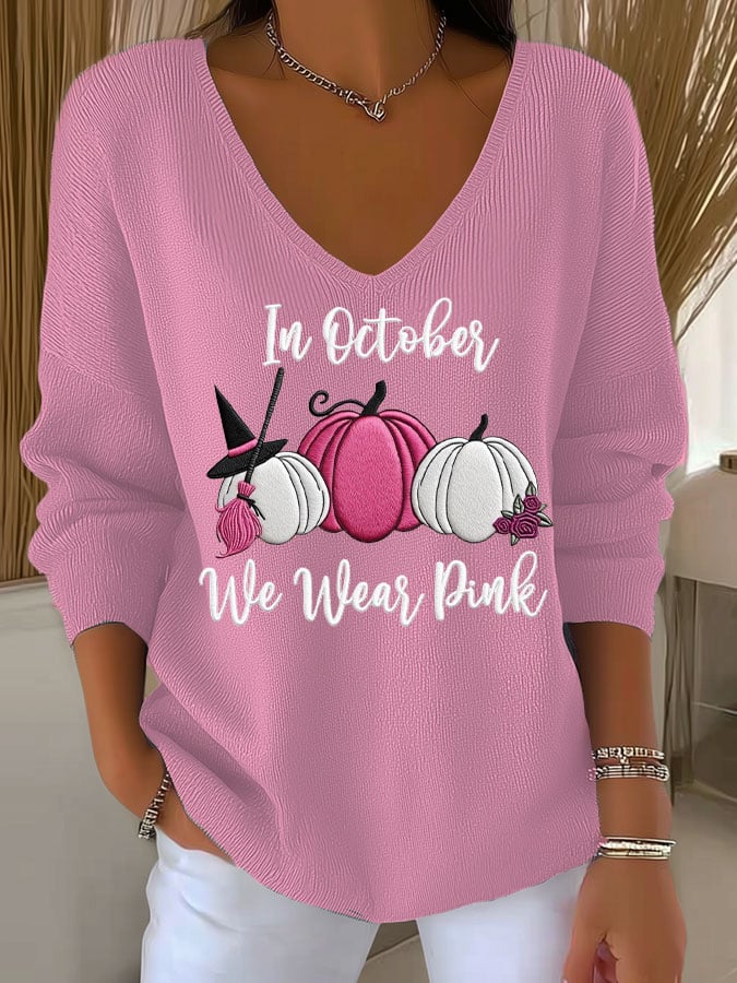Women's Casual Striped Breast Cancer In October We Wear Pink Print Long Sleeve T-shirt