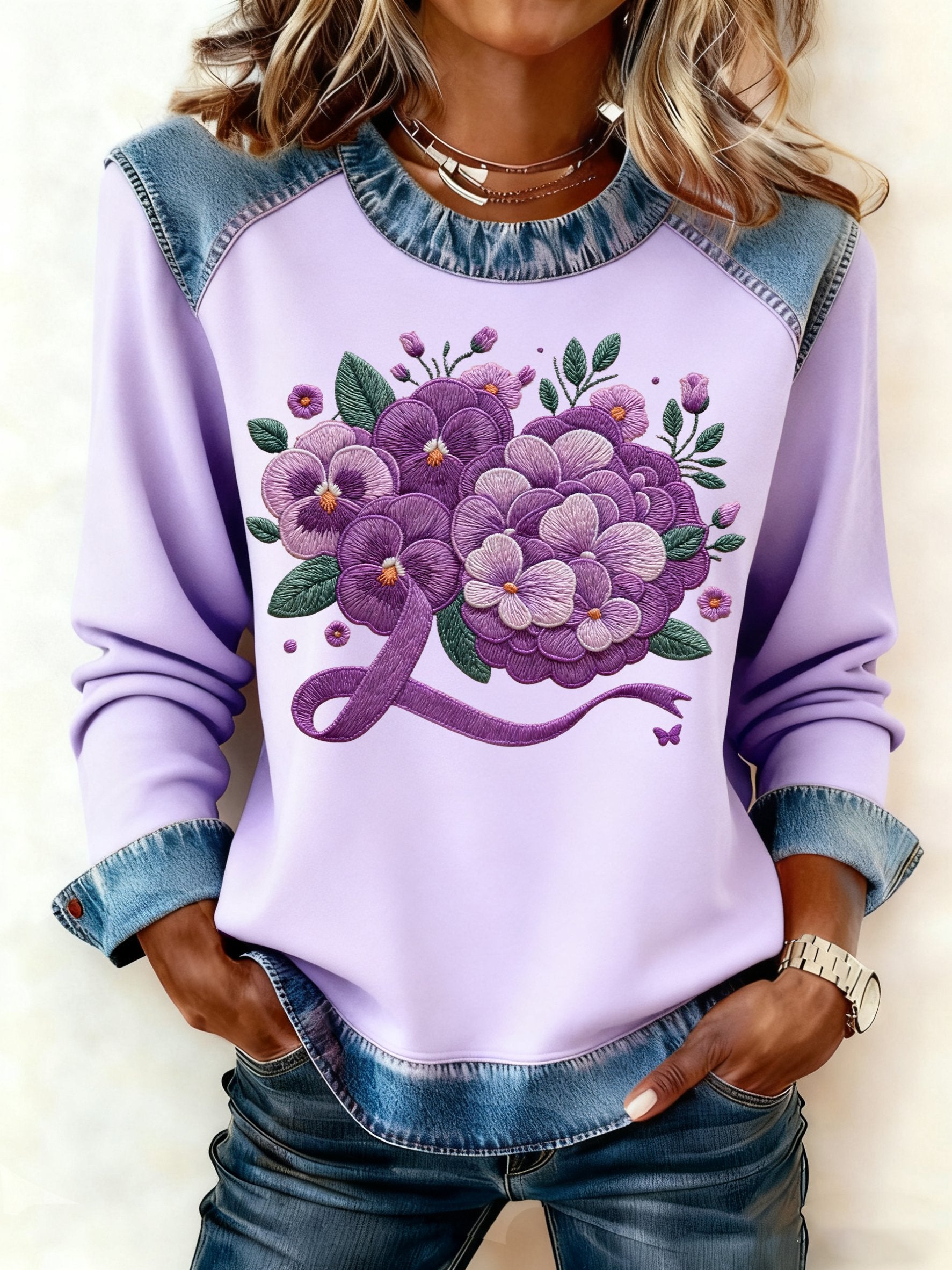 Women's winter purple faux embroidered floral print patchwork top