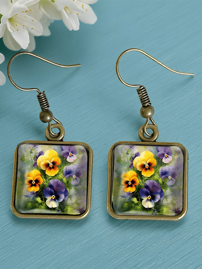 Pansy Floral Vintage Copper Time Gemstone Crystal Glass Square Earrings