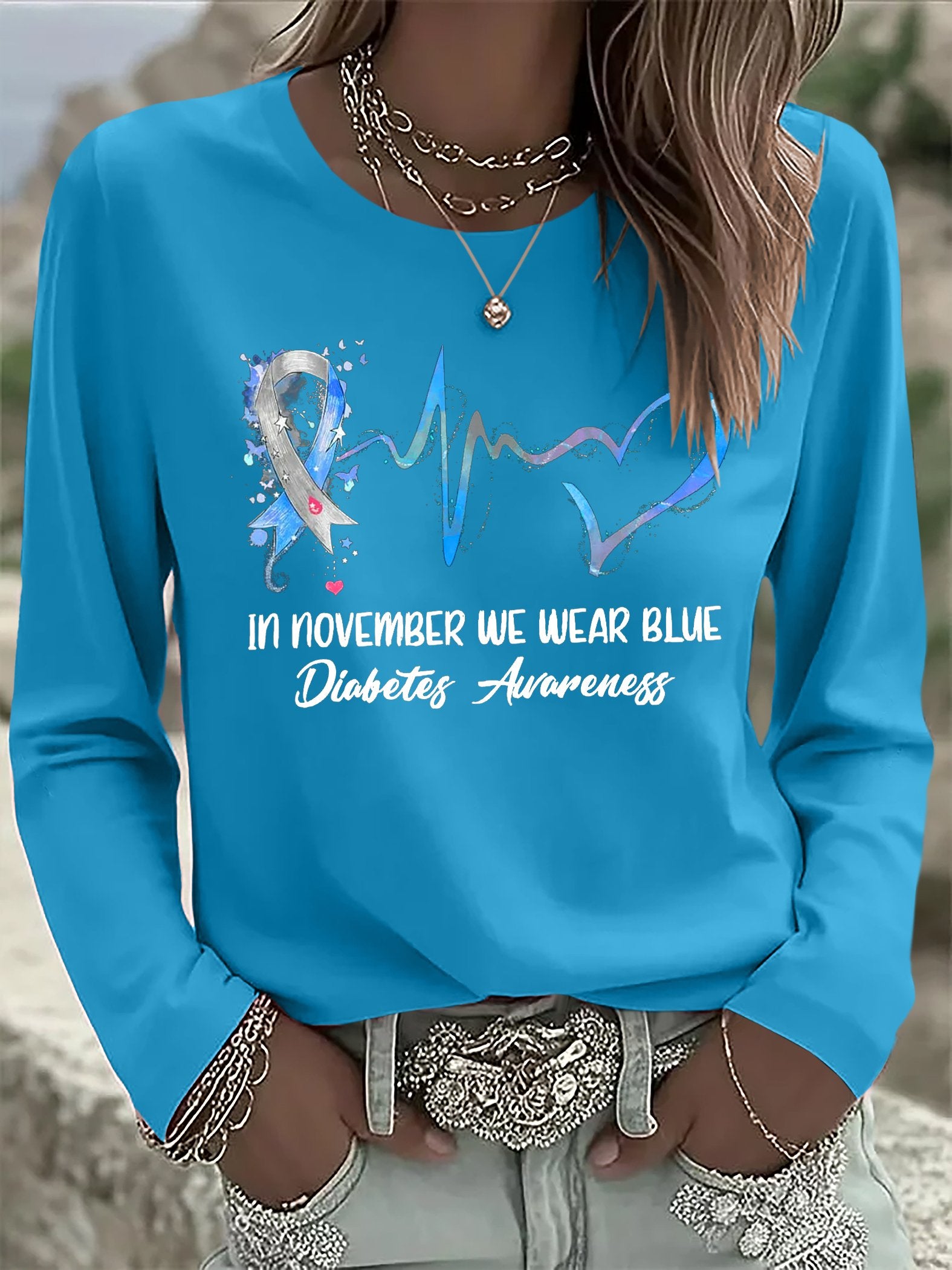 Women's Retro In November We Wear Blue Diabetes Awareness Print T-shirt