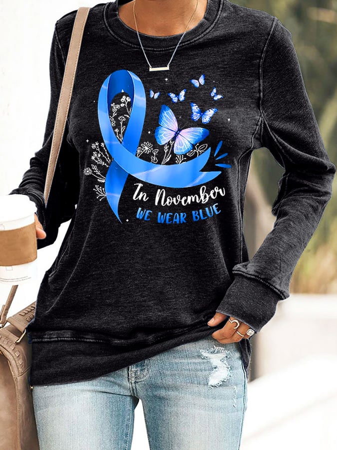 Women's Retro In November We Wear Blue Diabetes Awareness Print Round Neck Sweatshirt