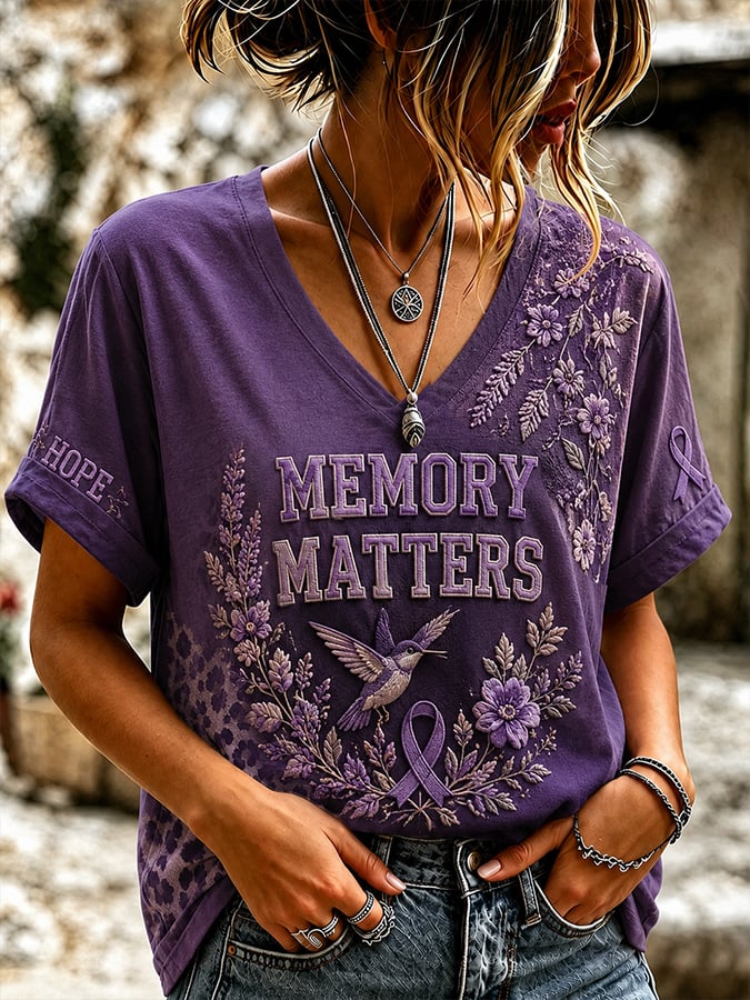 Women's Alzheimer's Awareness Cat & Cross Print Short-Sleeve T-Shirt