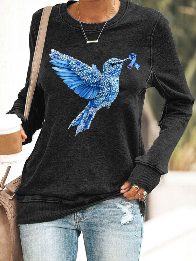 Women's Diabetes Awareness Hummingbird Ribbon Print Sweatshirt