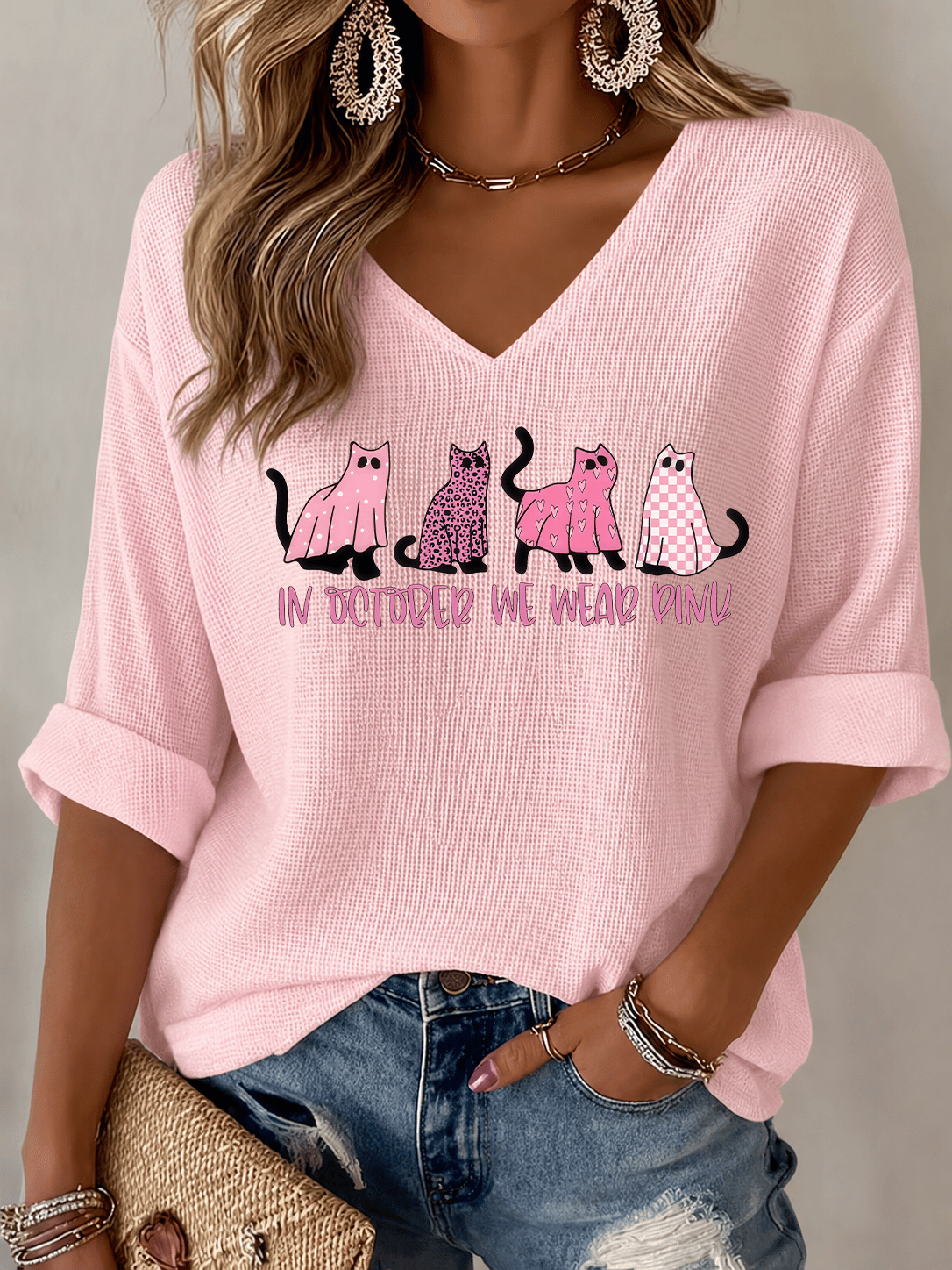 V-Neck The Power of Pink Print T-shirt