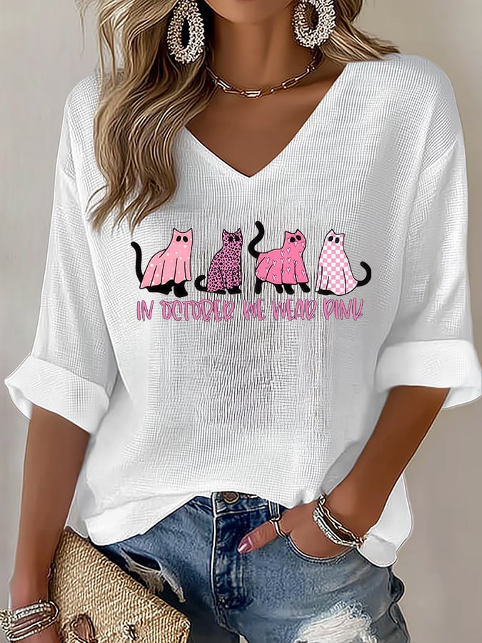 V-Neck The Power of Pink Print T-shirt
