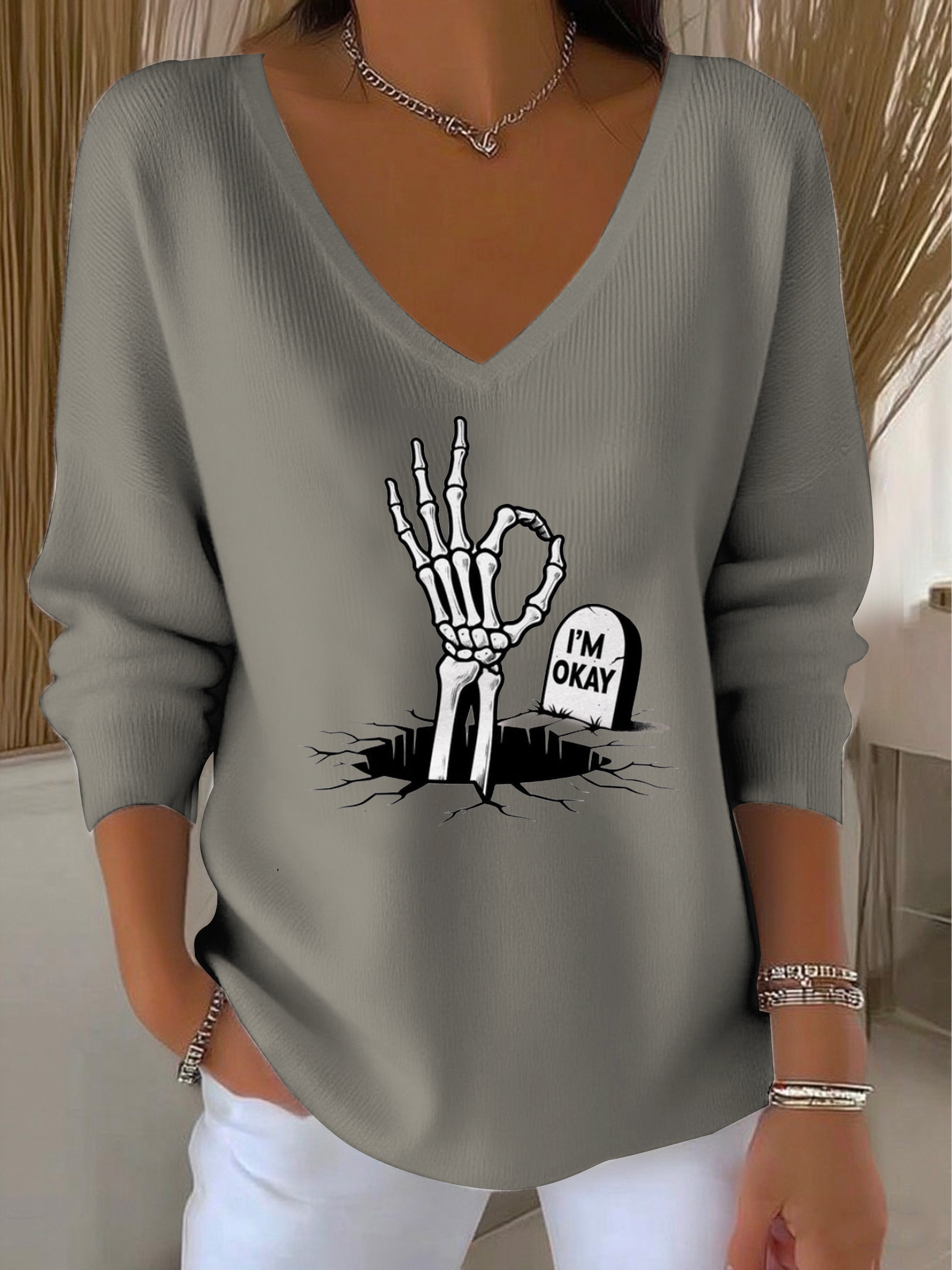 Women's I'm Fine Skull Humor Top