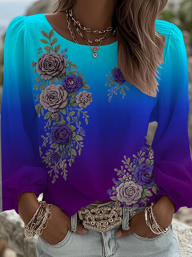 Women's Retro Floral Art Print Crew Neck Long Sleeve Shirt