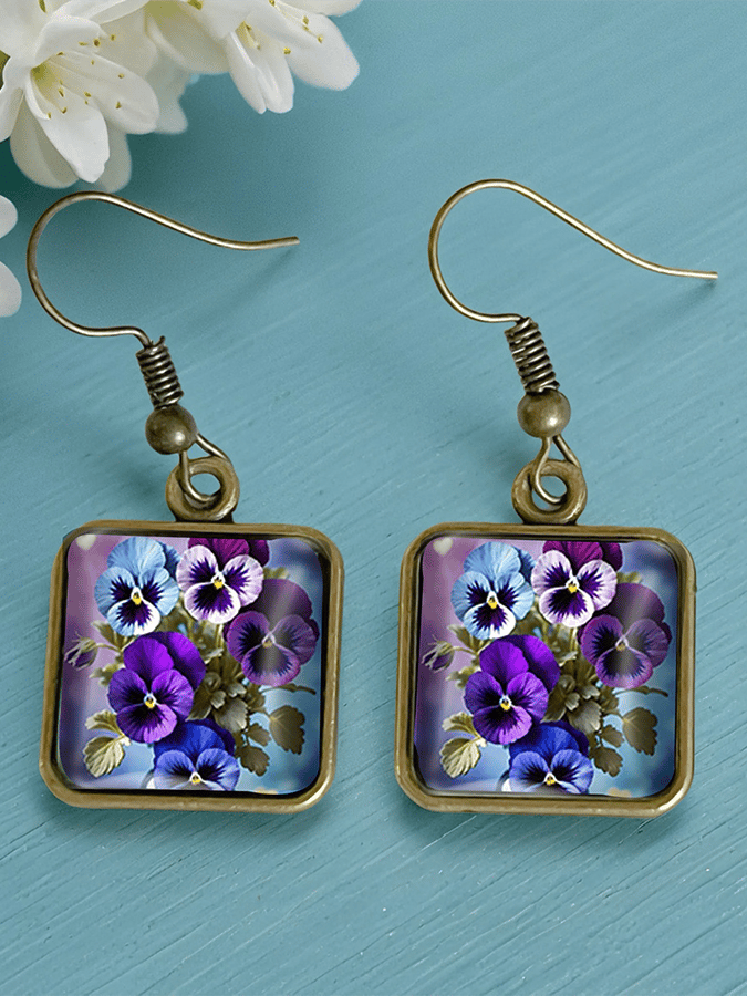 Pansy Floral Vintage Copper Time Gemstone Crystal Glass Square Earrings