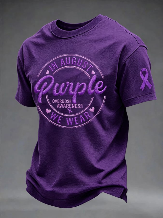 Men's In August We Wear Purple Overdose Awareness Print Casual T-shirt