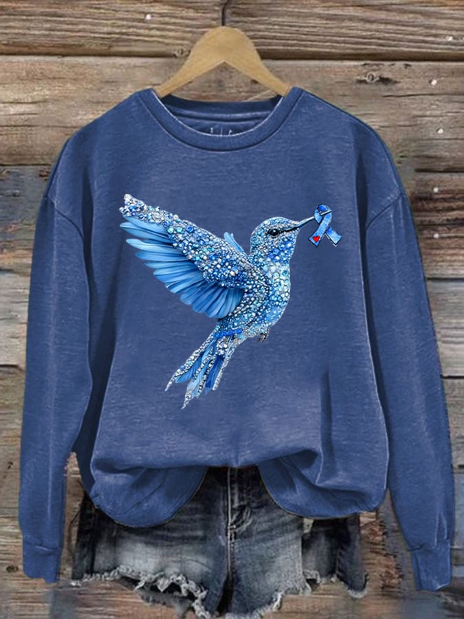 Women's Diabetes Awareness Hummingbird Ribbon Print Sweatshirt