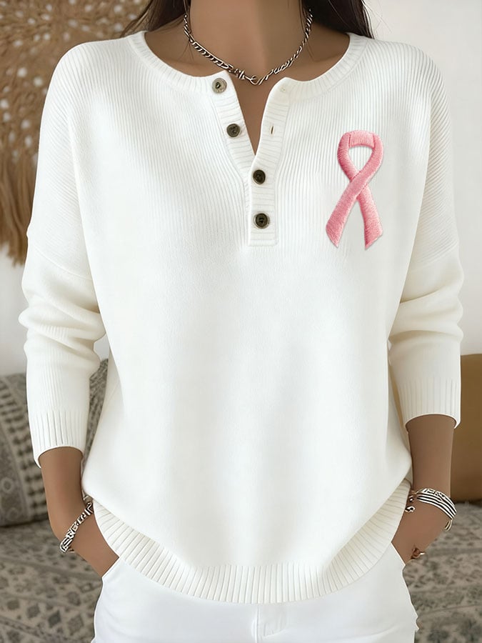 Women's Casual Breast Cancer Heart Ribbon Print Knit Top