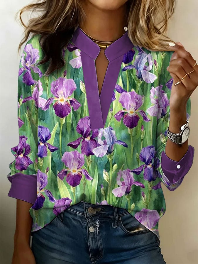 Women's Vintage Purple Floral Print Art Shirt