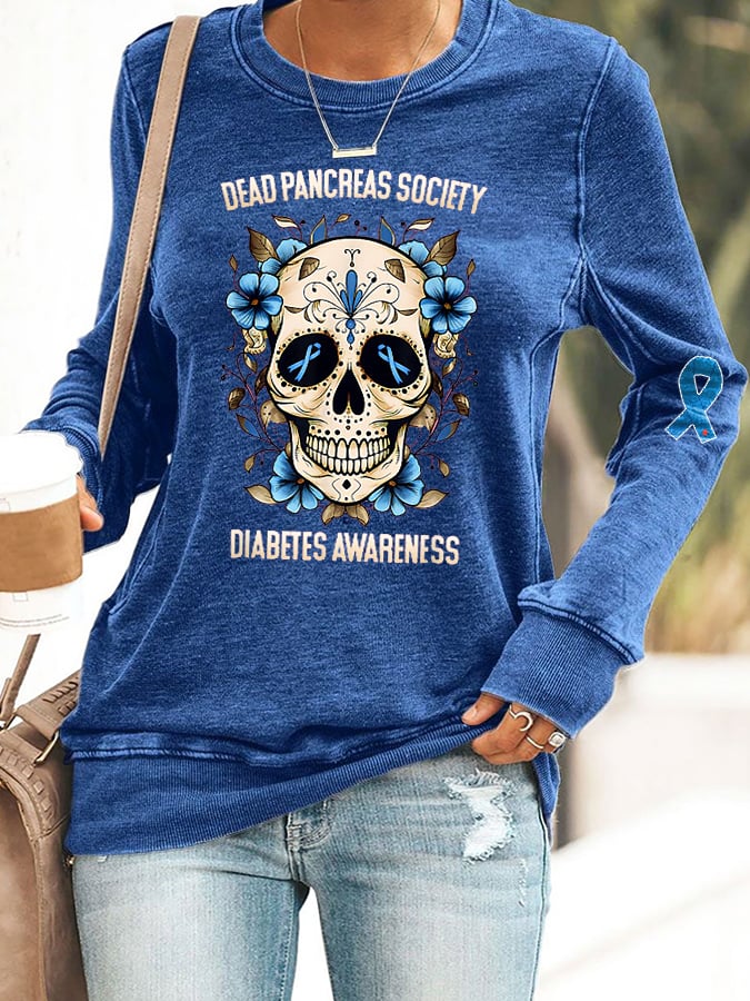 Women's Retro Dead Pancreas Society Diabetes Awareness Print Round Neck Sweatshirt
