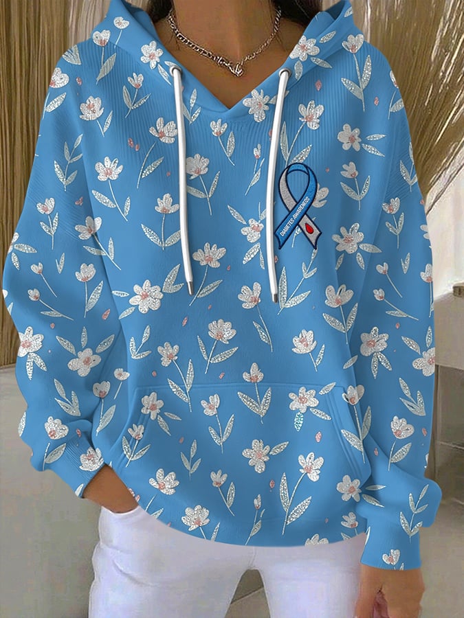 Women's Diabetes Awareness Flowers Print Casual Sweatshirt