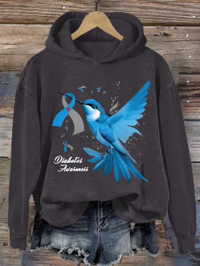 Women's Retro Hummingbird Diabetes Awareness Print Hoodie
