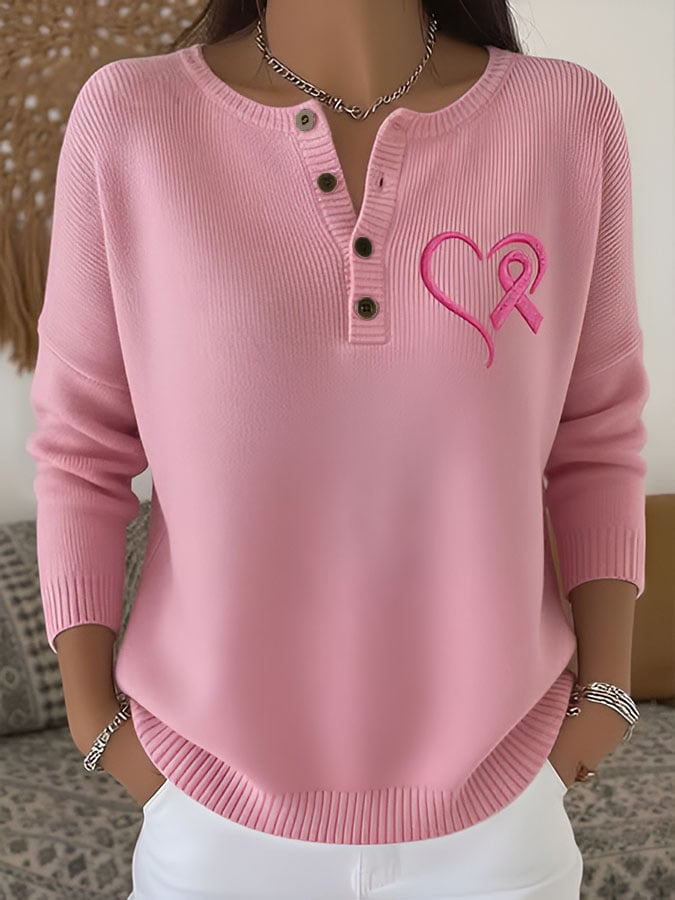 Women's Casual Breast Cancer Heart Ribbon Print Knit Top