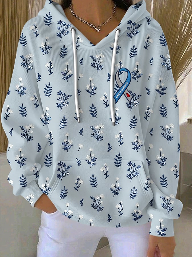 Women's Diabetes Awareness Flowers Print Casual Sweatshirt
