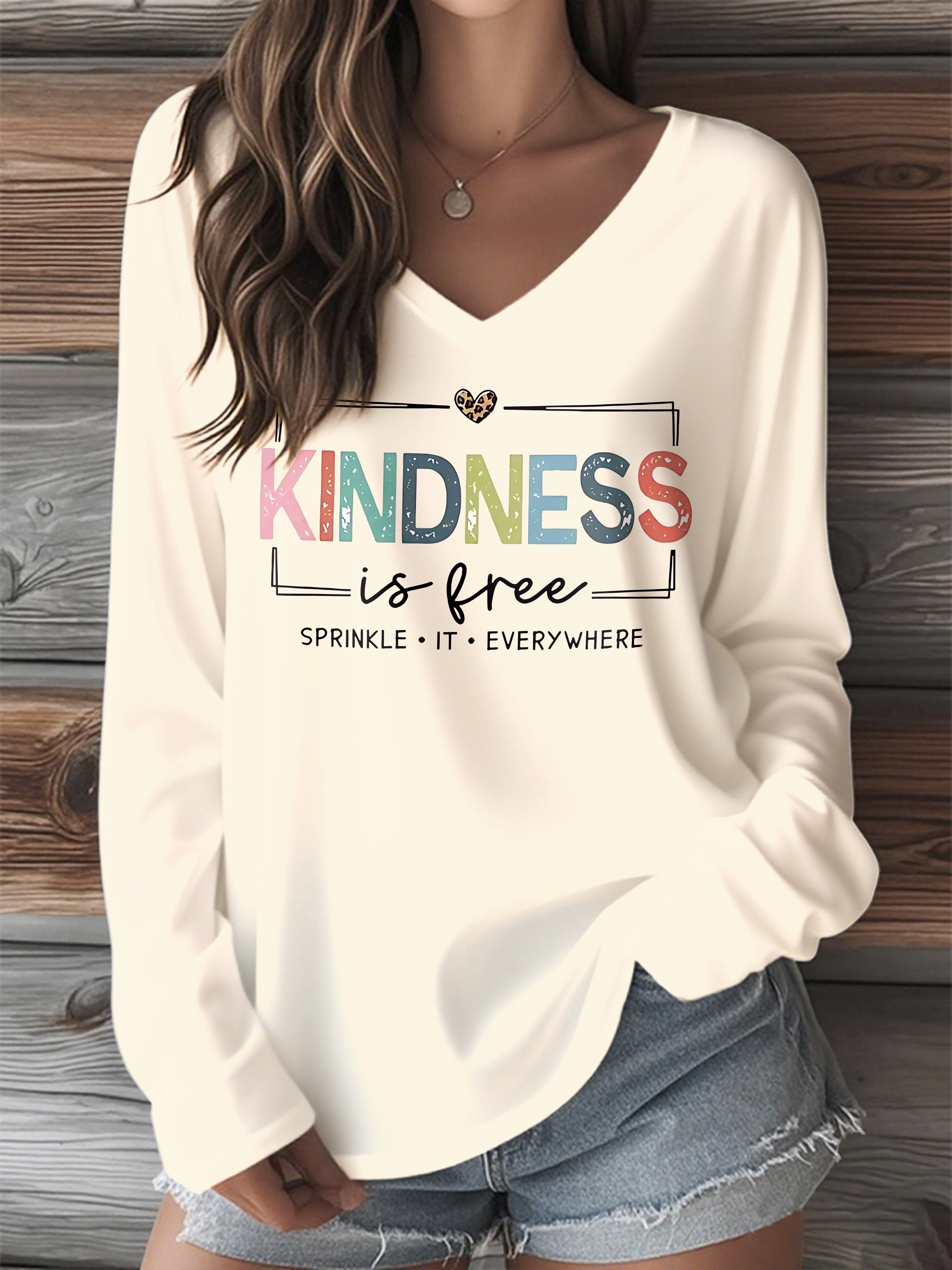 Women's Kindness Print V-Neck Long Sleeve T-Shirt