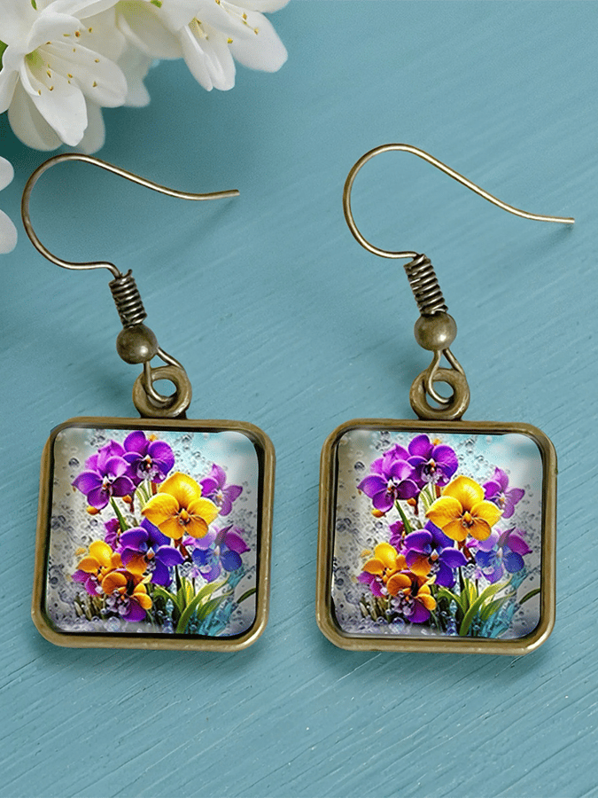 Pansy Floral Vintage Copper Time Gemstone Crystal Glass Square Earrings