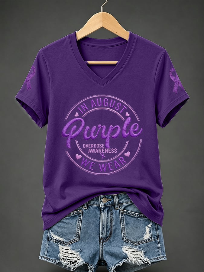 Women's In August We Wear Purple Overdose Awareness Print T-shirt