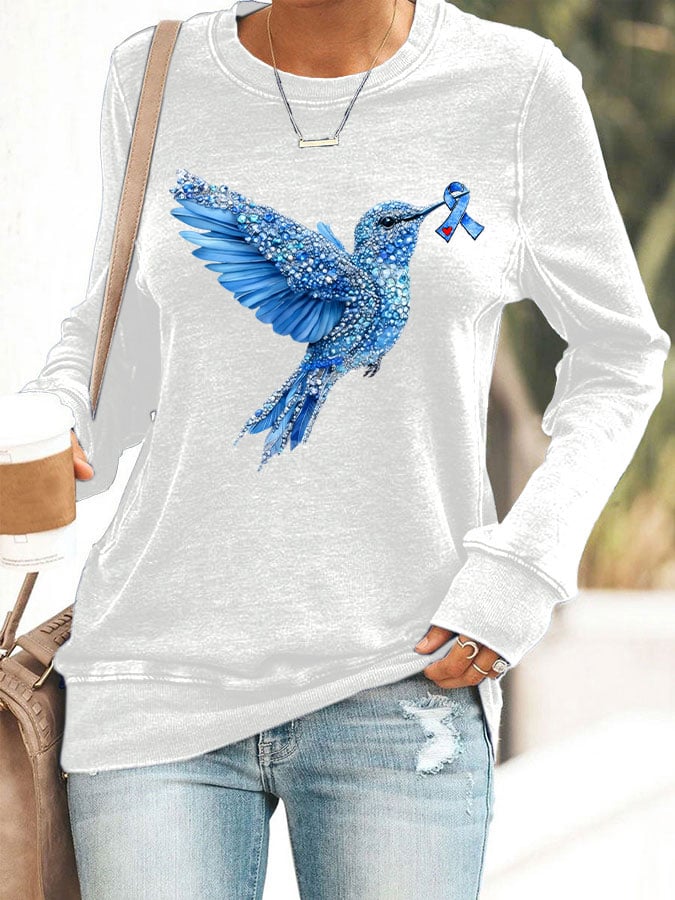 Women's Diabetes Awareness Hummingbird Ribbon Print Sweatshirt