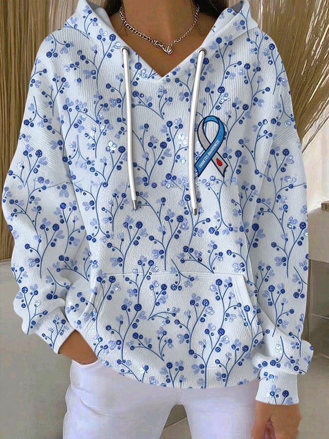Women's Diabetes Awareness Flowers Print Casual Sweatshirt