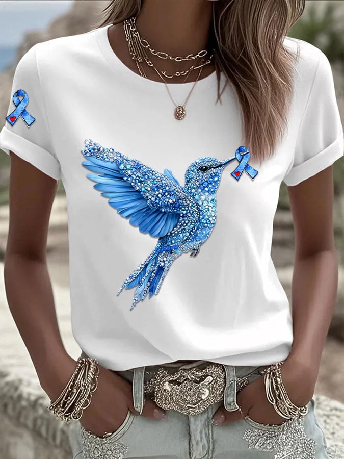 Women's Diabetes Awareness Hummingbird Ribbon Print Casual T-Shirt