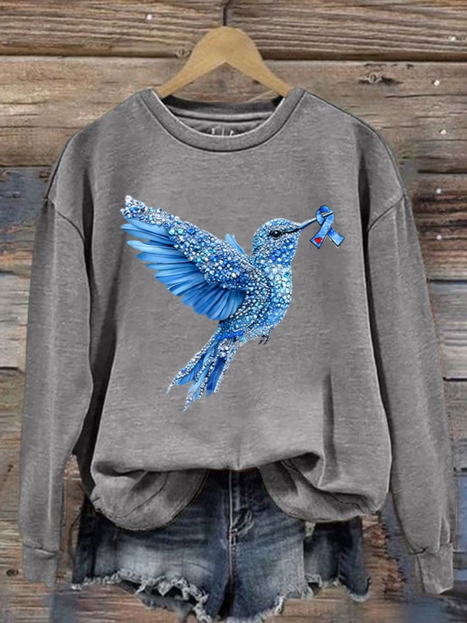 Women's Diabetes Awareness Hummingbird Ribbon Print Sweatshirt