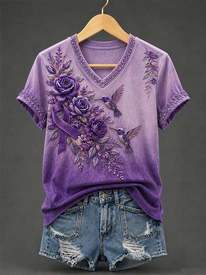 Women's Casual Floral Print V Neck T-shirt