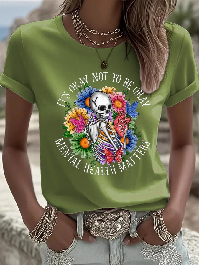 Women's Mental Health Gothic Flower Skull Print Casual T-shirt