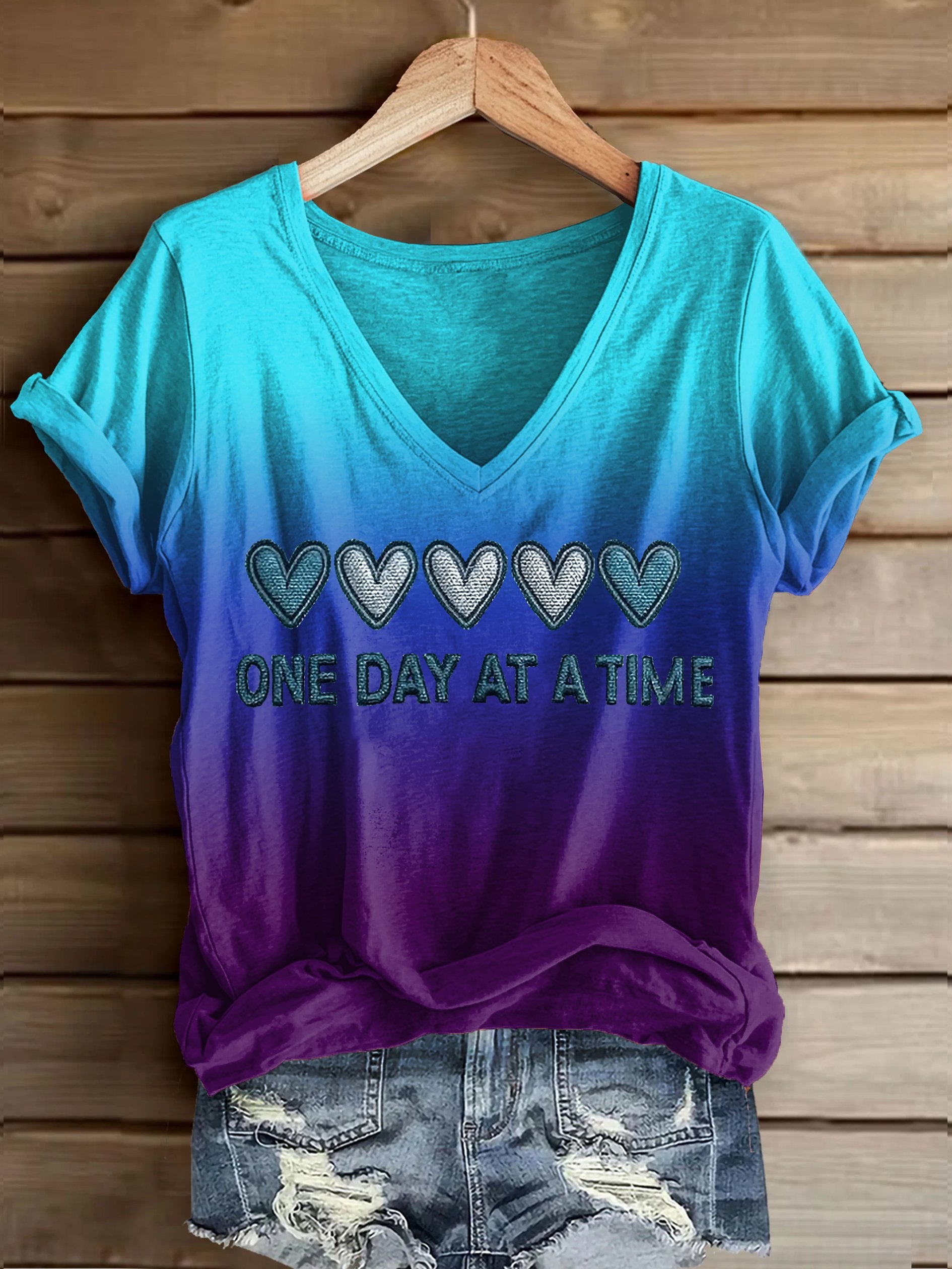 Women's Retro One Day At A Time Printed Casual T-Shirt