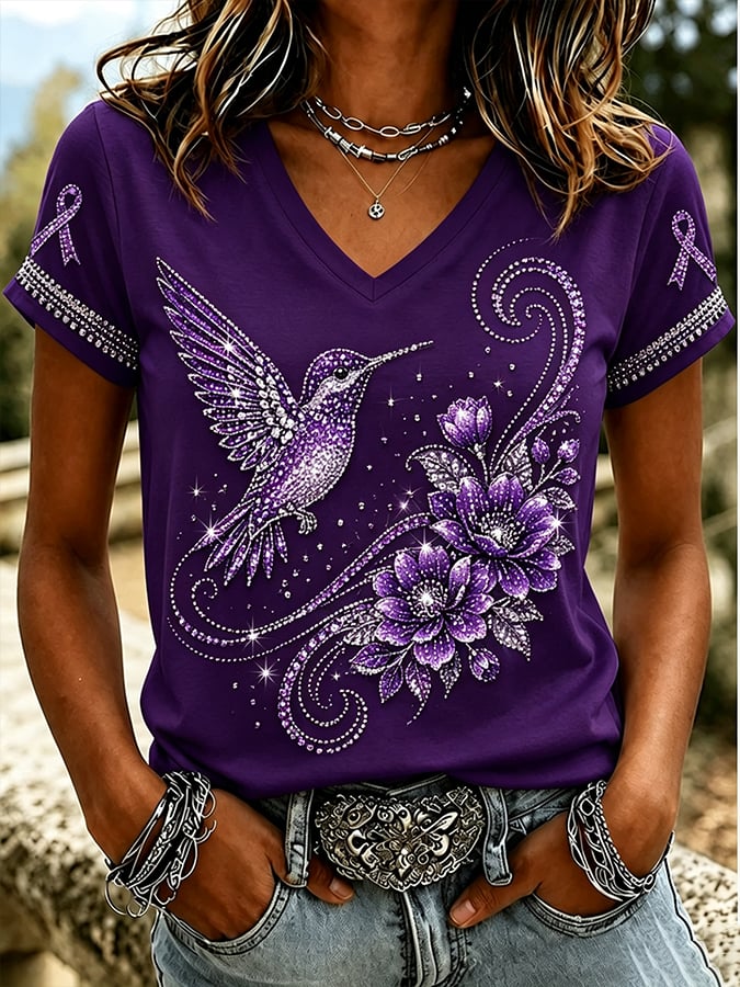 Women's Retro Alzheimer's Disease Hummingbird And Floral Print Comfortable T-Shirt