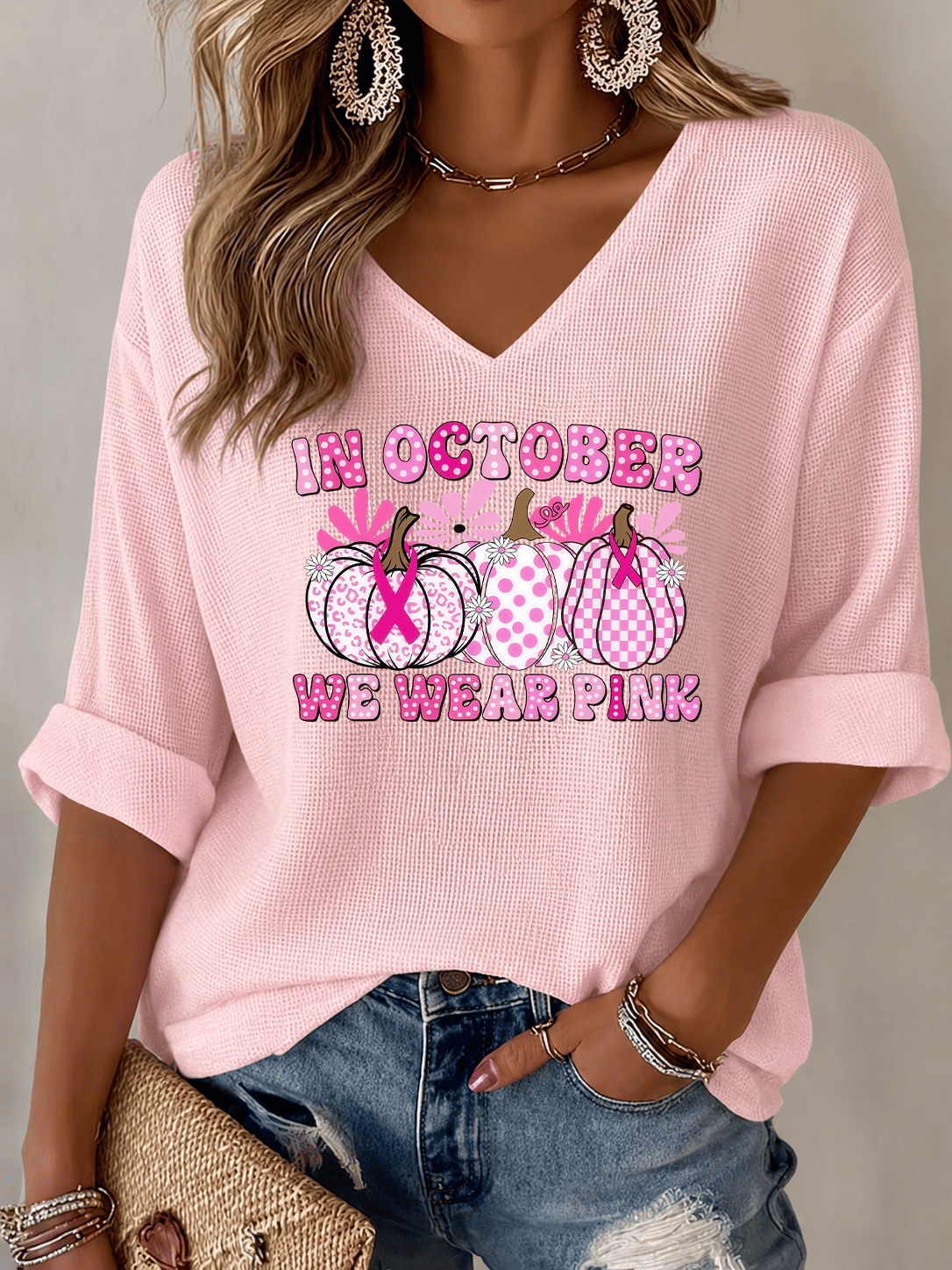 V-Neck The Power of Pink Print T-shirt