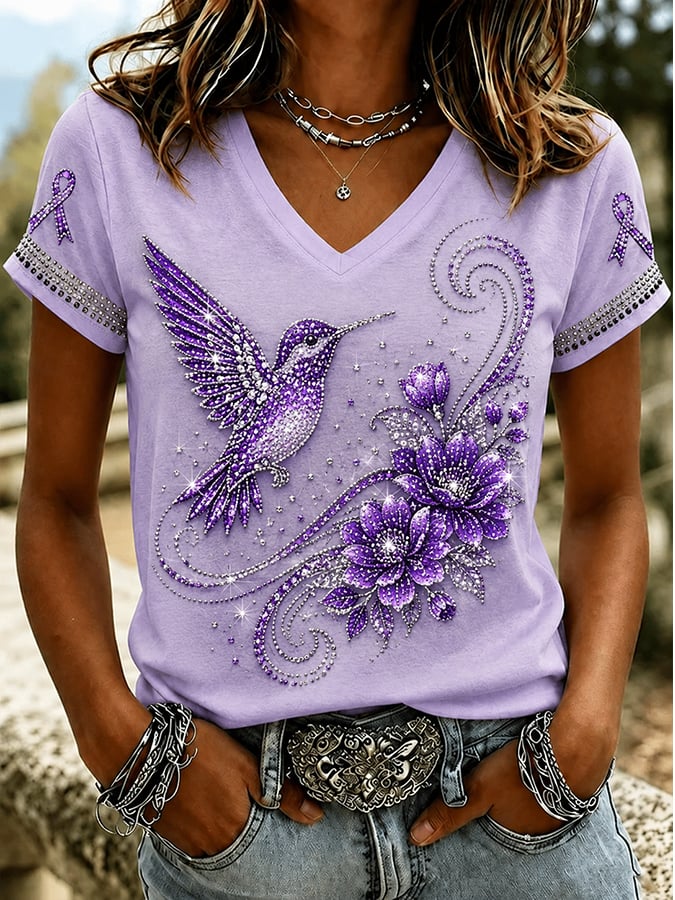 Women's Retro Alzheimer's Disease Hummingbird And Floral Print Comfortable T-Shirt