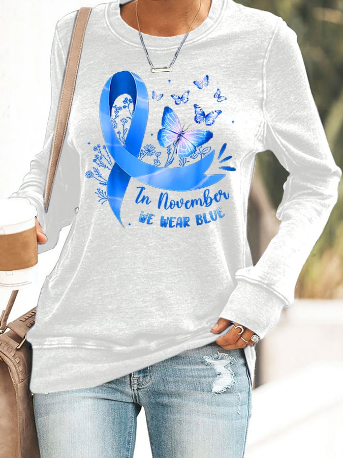 Women's Retro In November We Wear Blue Diabetes Awareness Print Round Neck Sweatshirt