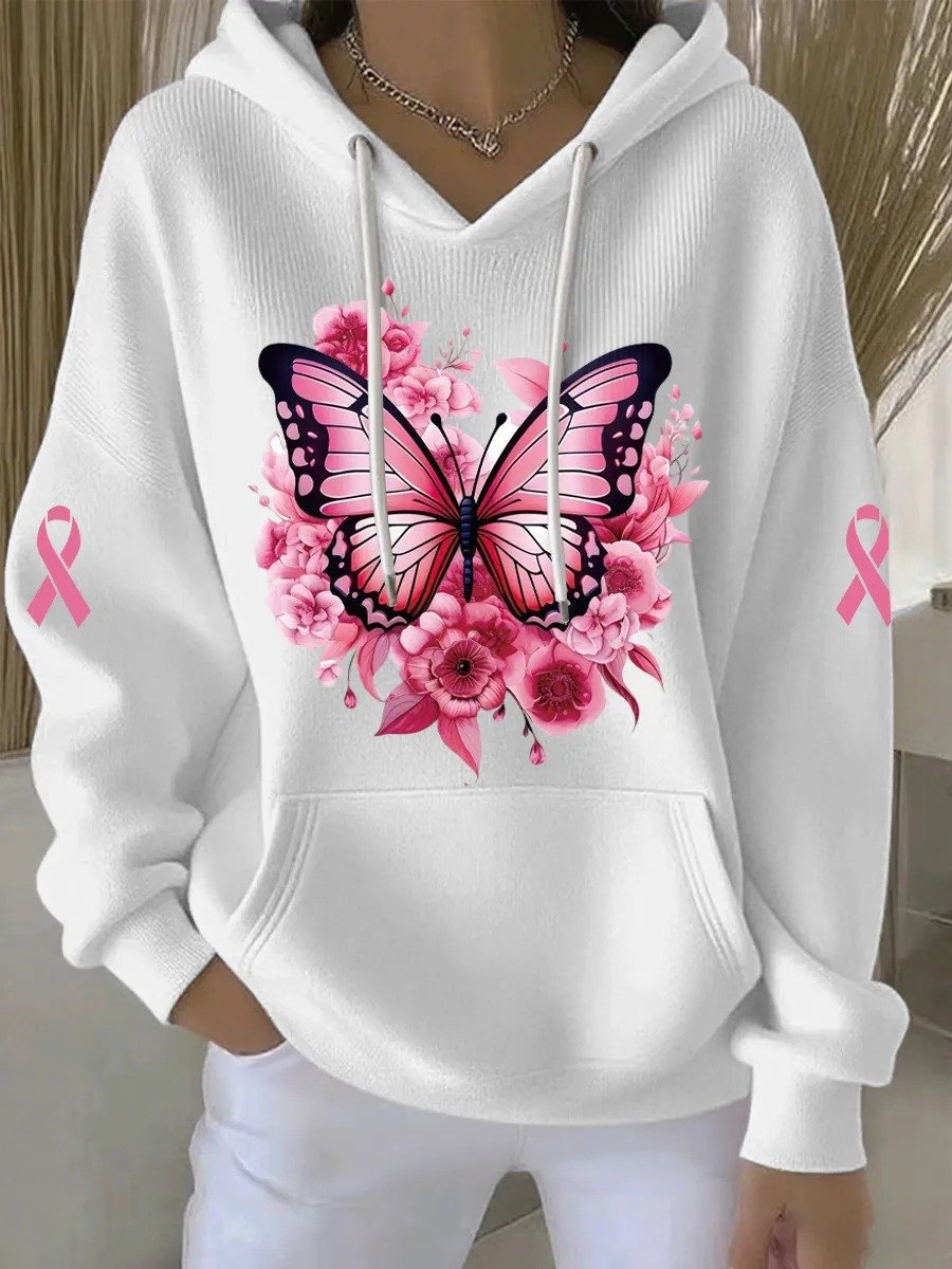 Women's Breast Cancer Butterfly Ribbon Print Knit Crew Neck Long Sleeve Top